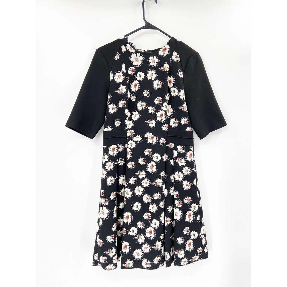Zara Black Floral Print‎ Pleated Short Sleeve A-Line Dress Size Medium